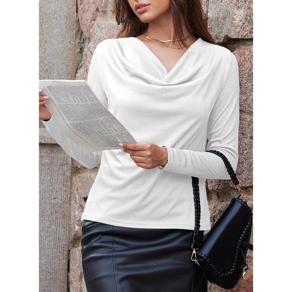 Women's Polyester Cowl Neck Top Loose Fit Long Sleeve Fall Casual Office - Picture 3 of 6